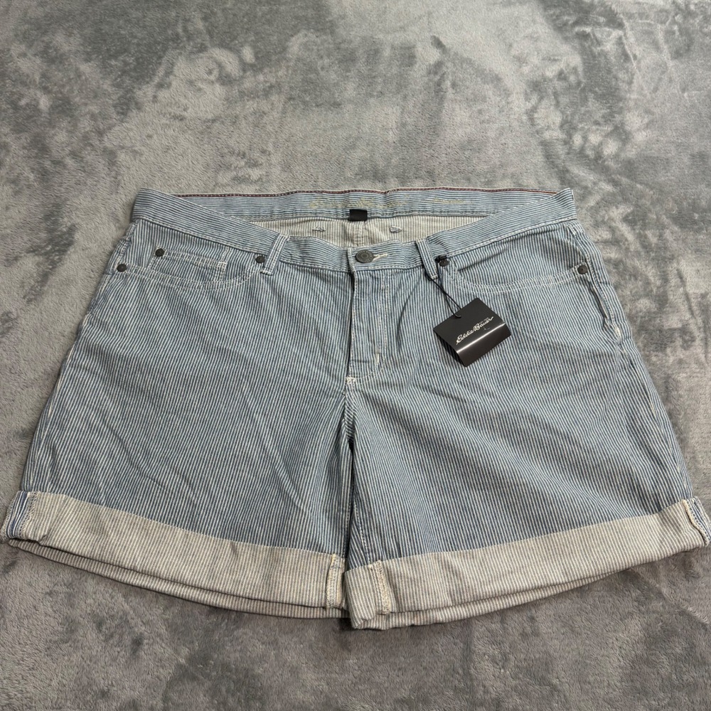 Eddie Bauer Womens 14 Boyfriend Shorts Blue Hickory Stripe Cotton Cuffed NEW